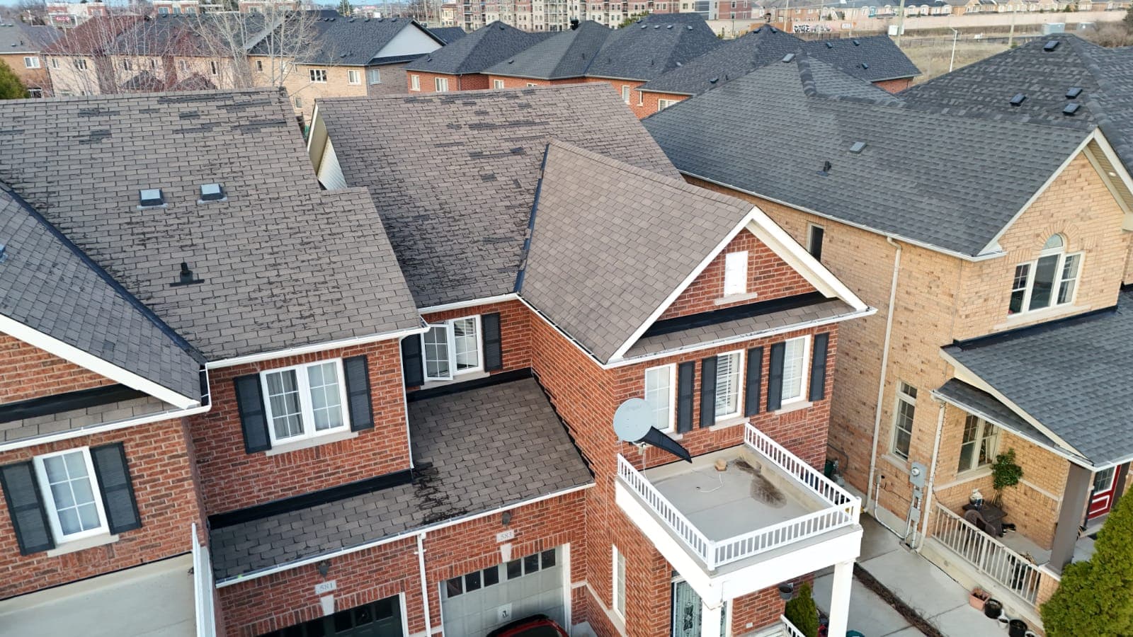 Drone inspection photo of storm damage on a Brampton roof
